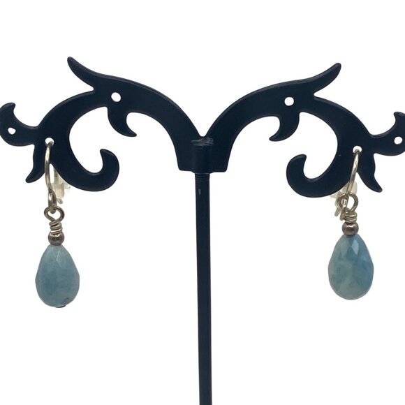 Sterling Silver Blue Chalcedony Drop Earrings Faceted Teardrop Tested 1.25" - Picture 2 of 7